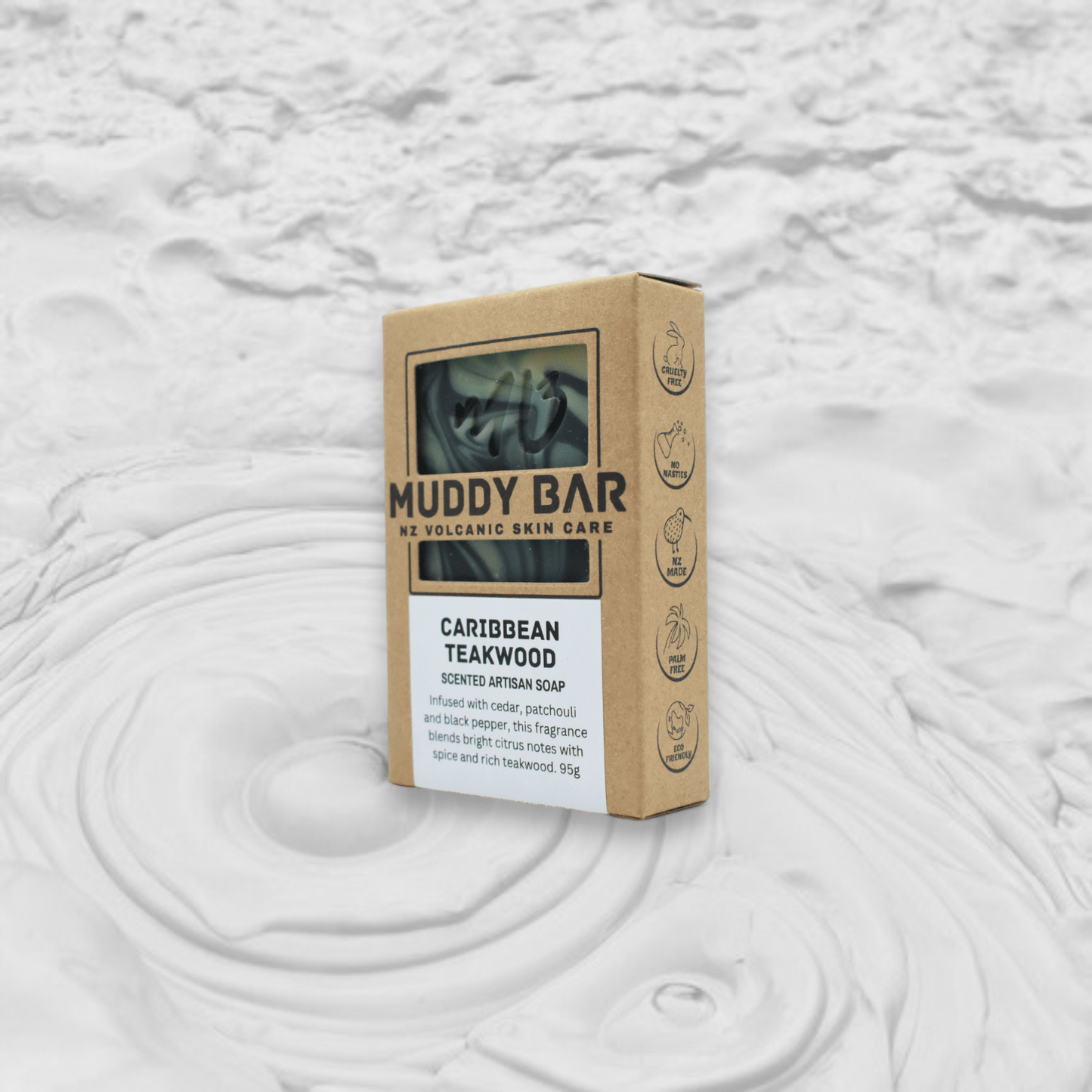 Muddy Bar New Zealand handmade soap CARIBBEAN TEAKWOOD SOAP, with ground pumice.