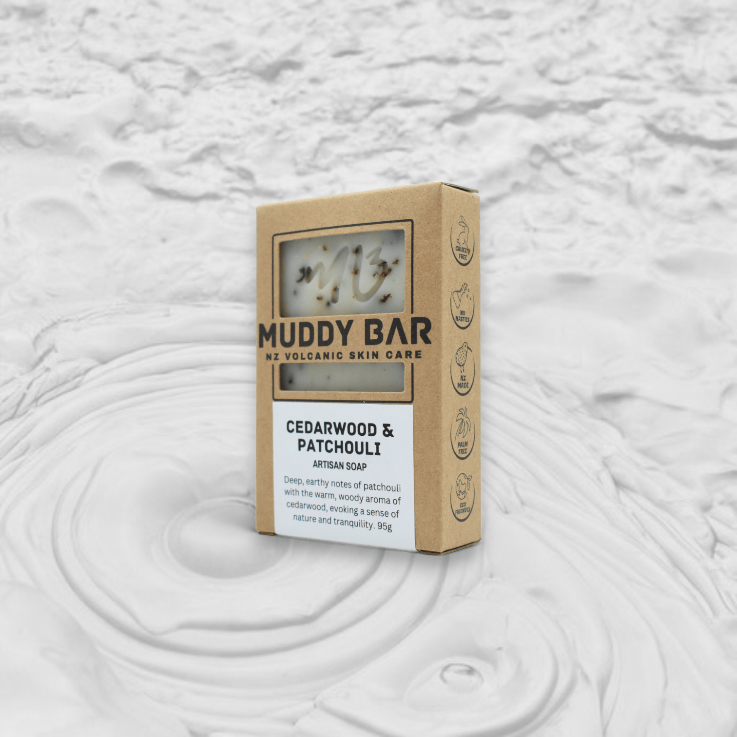 Muddy Bar New Zealand handmade soap CEDARWOOD & PATCHOULI SOAP, with volcanic clay.