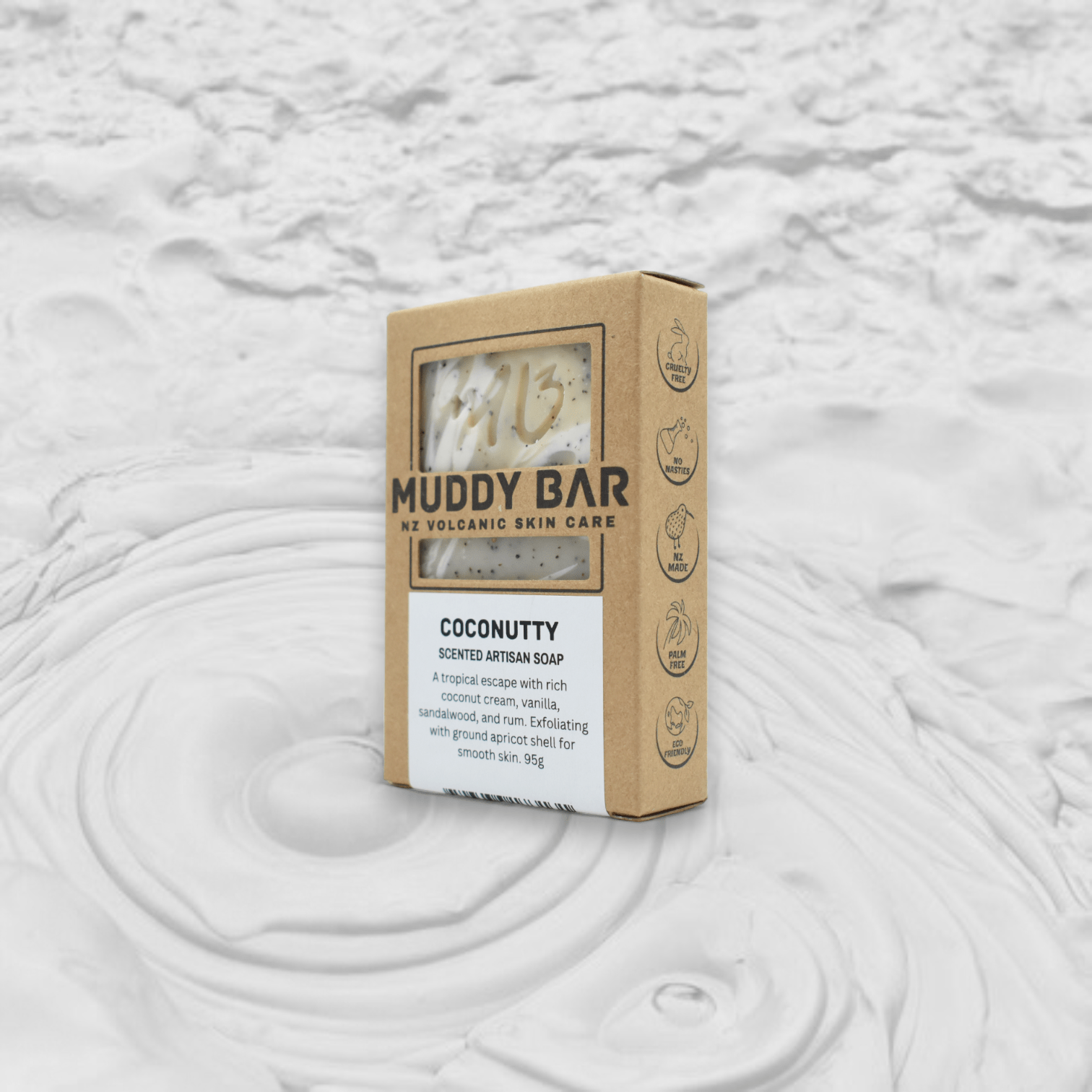 muddy bar New Zealand handmade soap COCONUTTY SOAP, with exfoliating apricot shell.