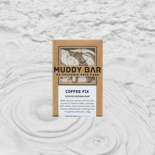 Muddy Bar new zealand handmade soap COFFEE FIX SOAP, with exfoliating coffee grounds.