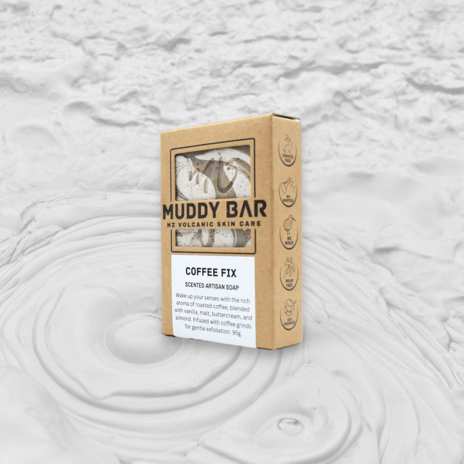 Muddy Bar new zealand handmade soap COFFEE FIX SOAP, with exfoliating coffee grounds.