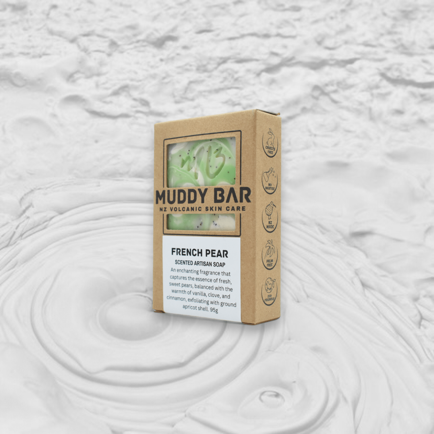 Muddy Bar New Zealand handmade soap FRENCH PEAR SOAP, with ground apricot shell.