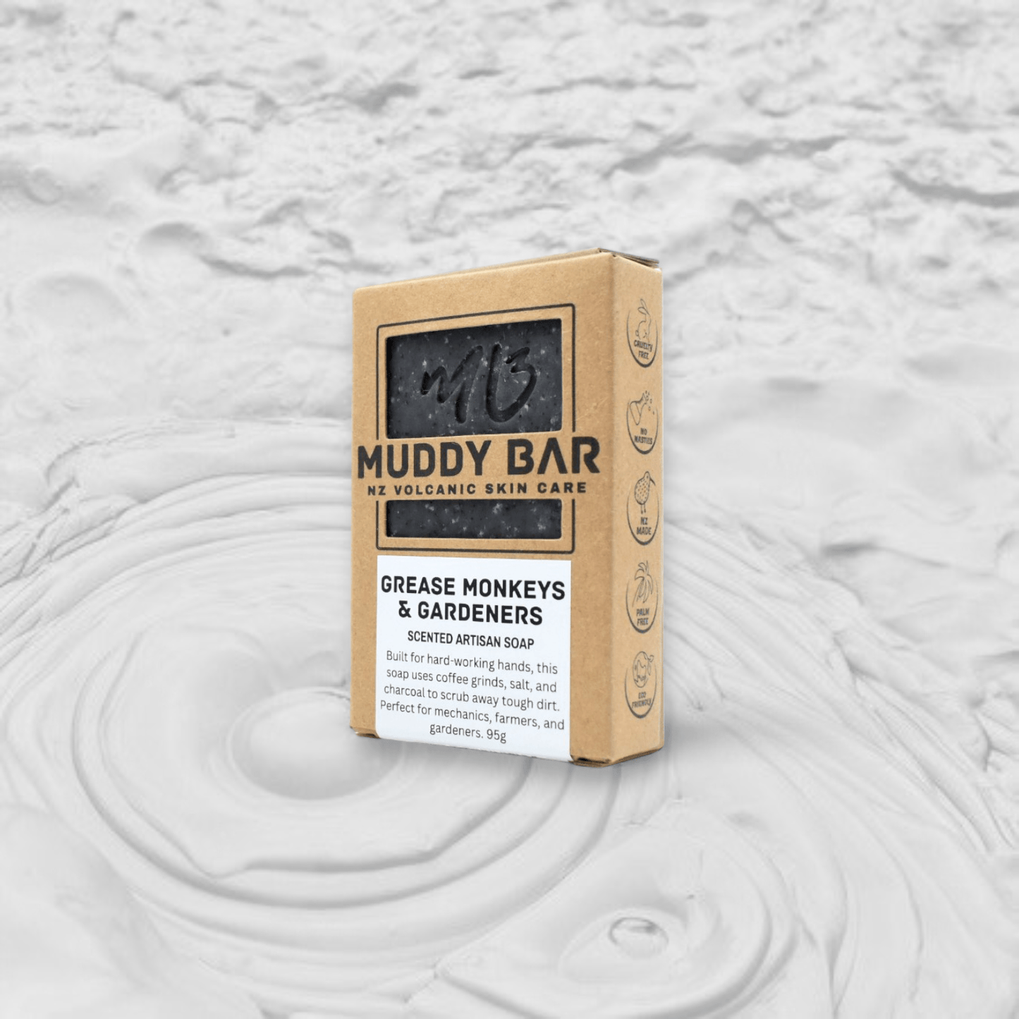 Muddy Bar New Zealand handmade soap GREASE MONKEYS & GARDENERS SOAP, with extra grit.